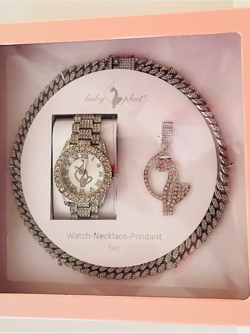 Baby Phat Silver Crystal Watch, Necklace & Pendant Gift Set